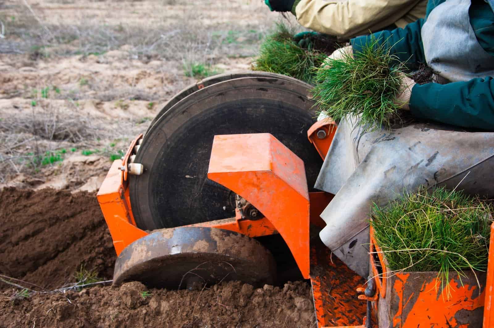 Tree cutting equipment with workers trimming trees in a field.